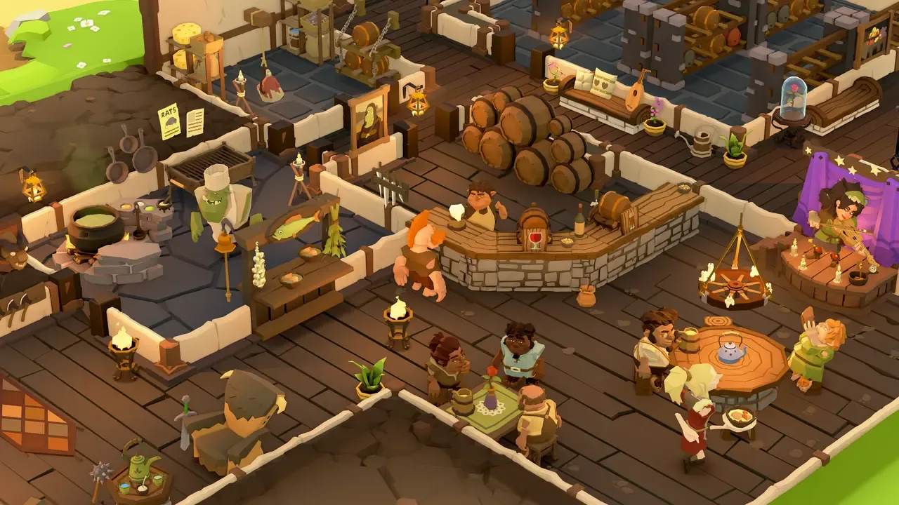 Tavern Keeper gameplay showing a fantasy tavern interior with wooden furniture, customers dining, and staff working in a cozy medieval setting